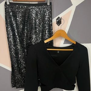 Express Sequin skirt and long sleeve crop top